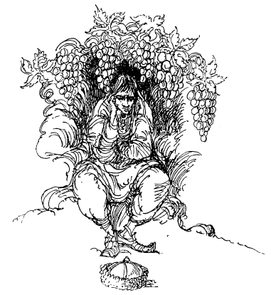 Der Arme sitzt eingeschlossen unter den Trauben